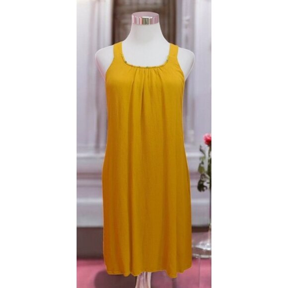 Cupio XS Mustard Yellow Boho Midi Dress Beaded Neckline Sleeveless - Picture 1 of 10